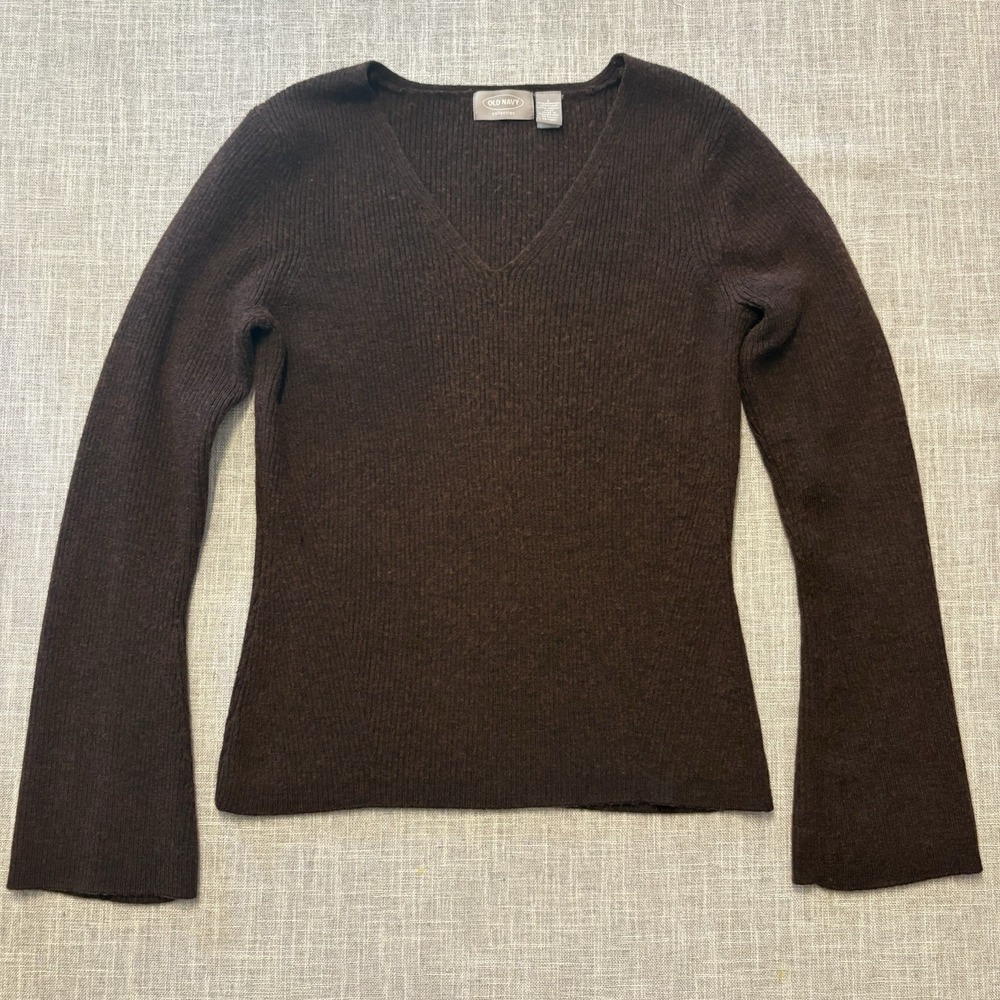 VTG Old Navy Brown Solid Ribbed Knit V-Neck Long Sleeve Pullover Sweater Size L